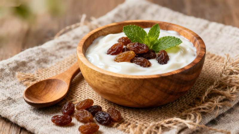 木碗酸奶配葡萄干薄荷叶-图片