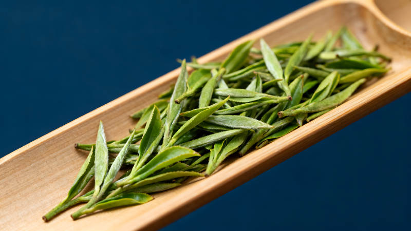 竹盤中的嫩綠茶葉特寫-圖片