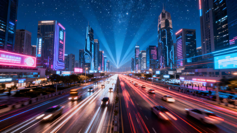 未来都市夜景霓虹灯闪耀光线纵横-图片