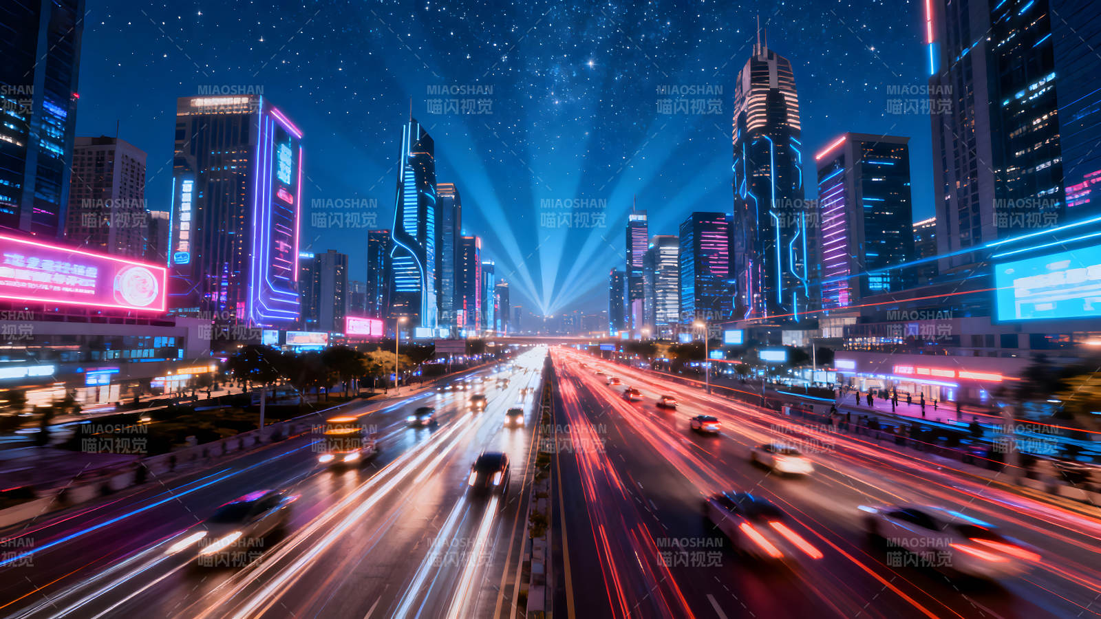 未来都市夜景霓虹灯闪耀光线纵横-图片