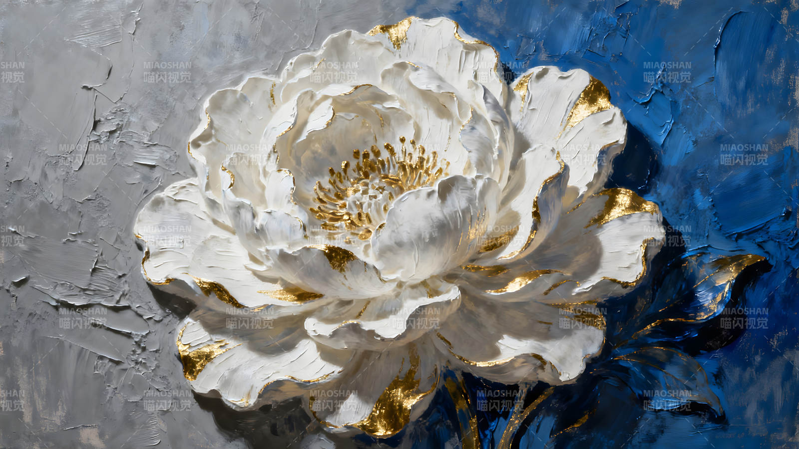 白色牡丹花油畫鑲金邊細節寫實-圖片