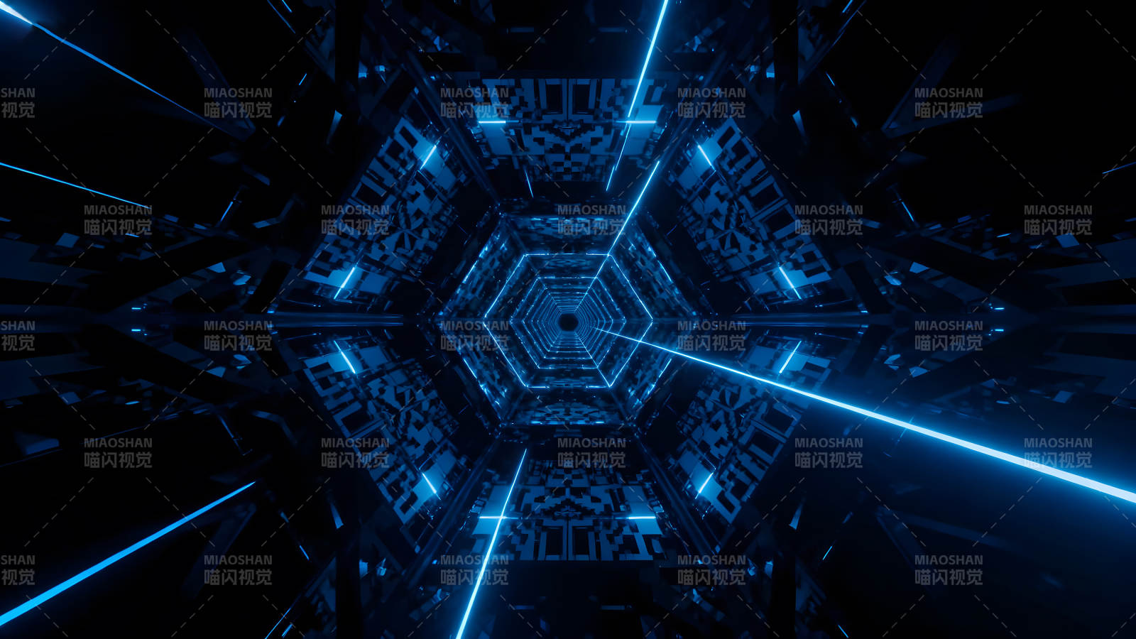 蓝色科幻隧道光线折射抽象几何-图片