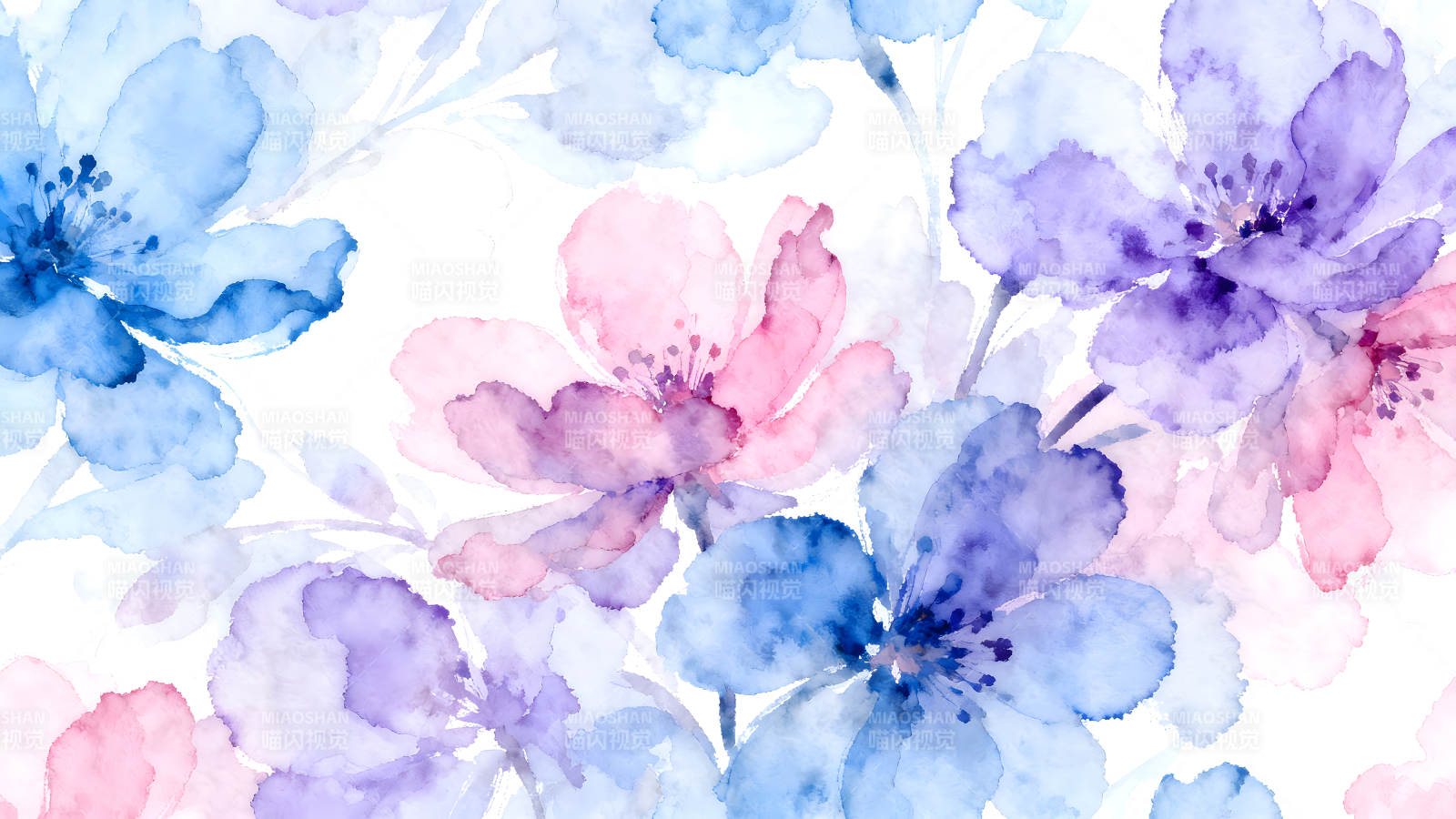 水彩花卉图案蓝粉色绽放浪漫清新-图片