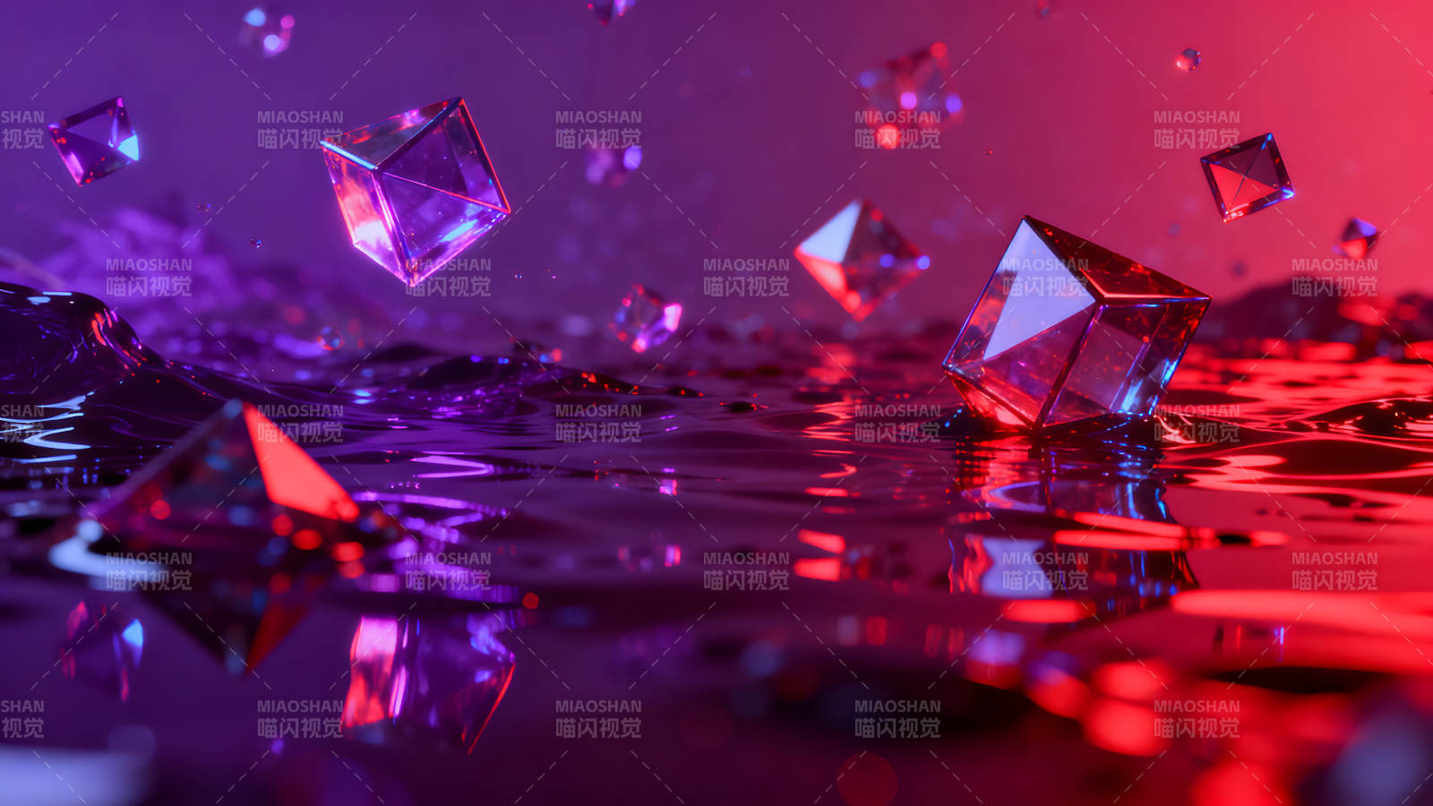 抽象光线下的几何晶体漂浮在水面之上-图片