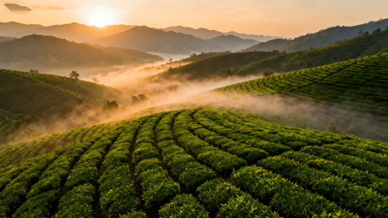茶園山坡日出霧氣繚繞生機(jī)勃勃-圖片