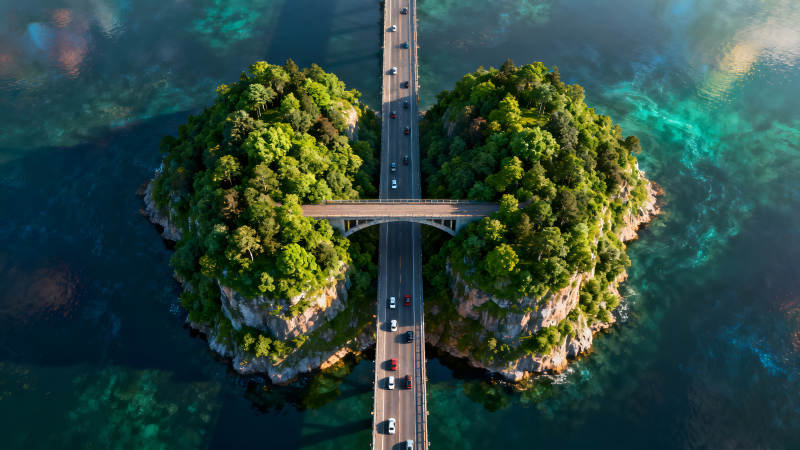 橋梁連接島嶼車流穿梭自然風(fēng)光-圖片