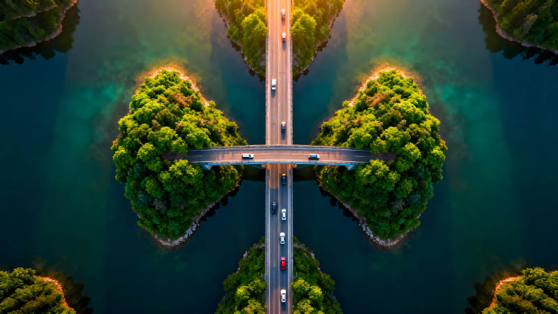 桥梁纵横树木环抱碧水映衬-图片