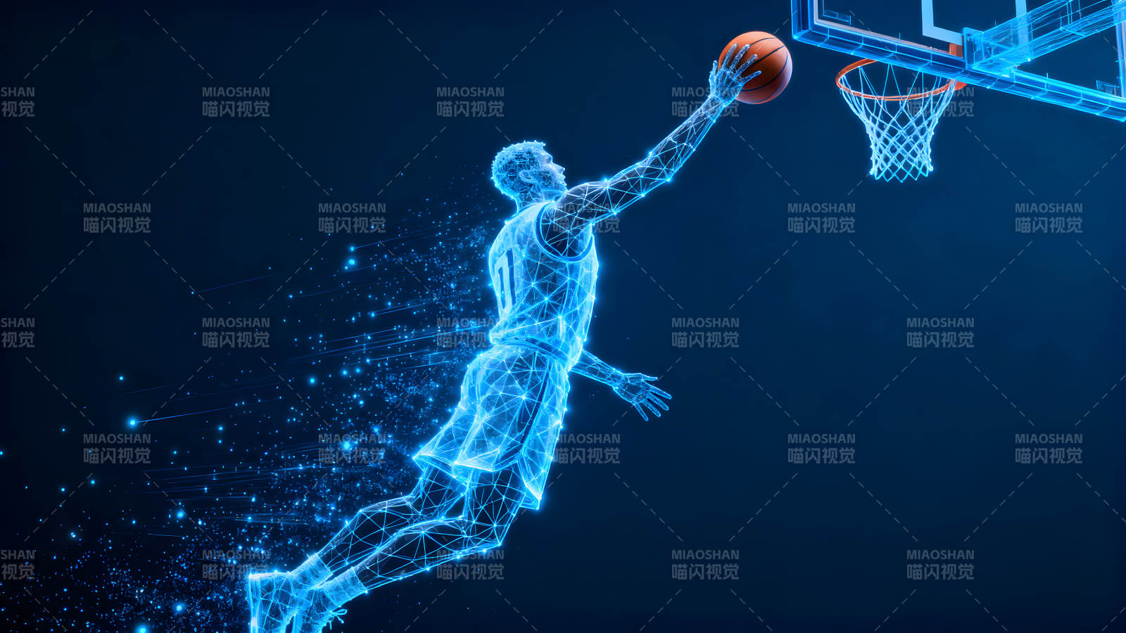 篮球运动员投篮瞬间的蓝色科幻风格图像-图片