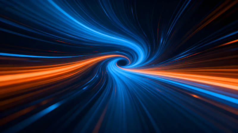 抽象的涡流通道蓝橙光线汇聚-图片