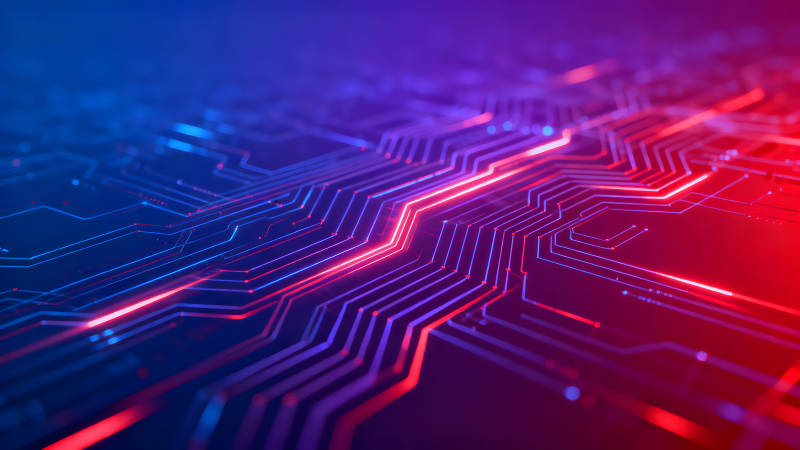 科技感电路板蓝色红色光线闪耀-图片