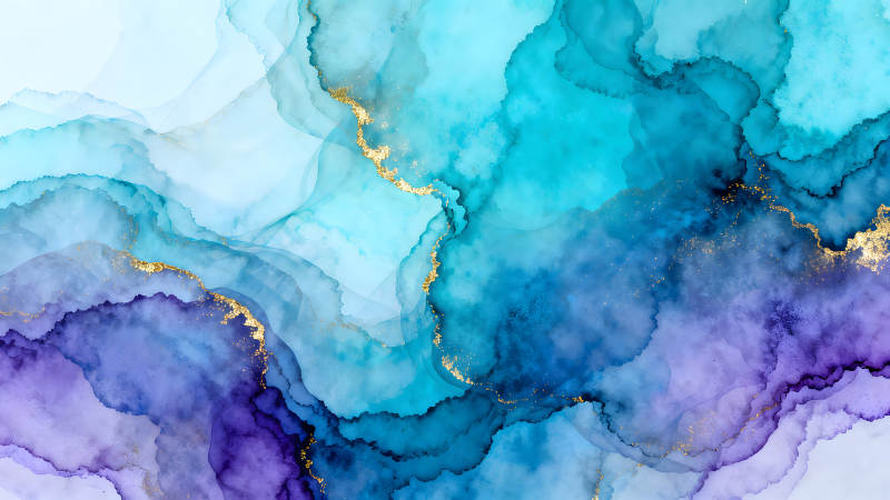 抽象水彩背景蓝紫色调金色点缀-图片