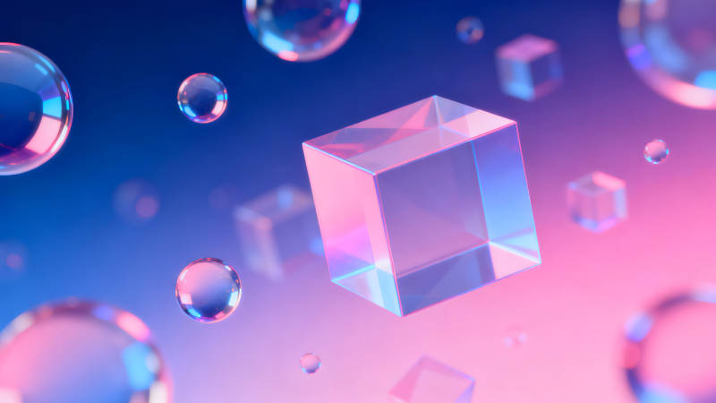 抽象光影立方体与气泡漂浮图-图片