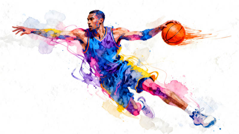 篮球运动员跳投的彩色水彩画-图片