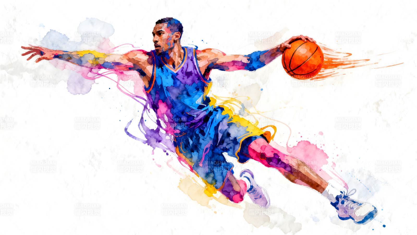籃球運動員跳投的彩色水彩畫圖片