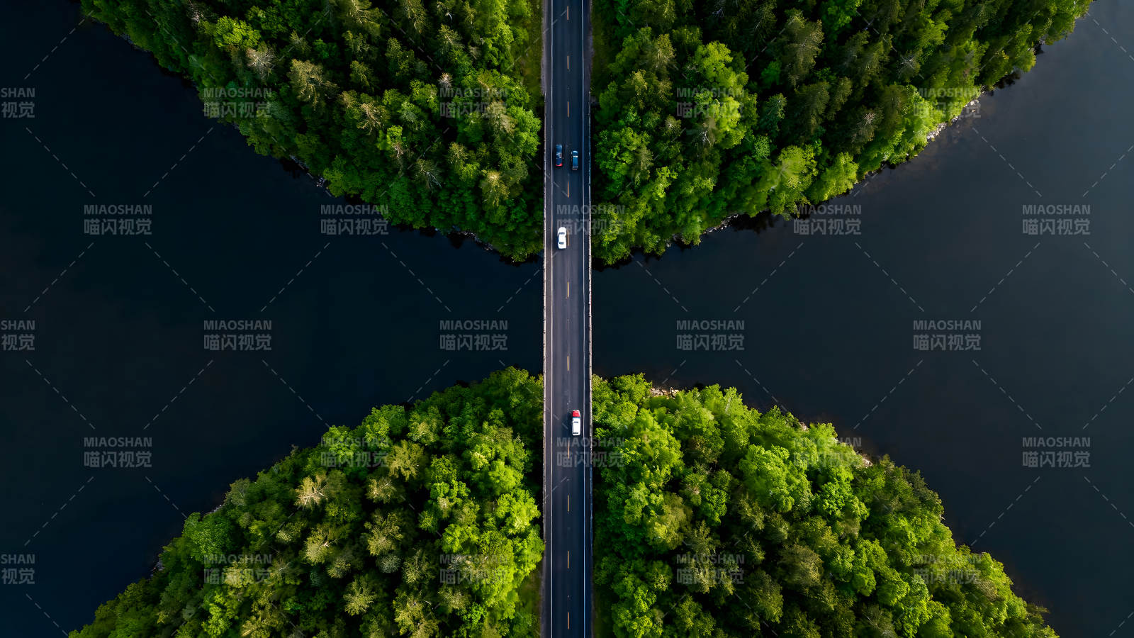 鳥瞰風景公路穿越森林湖泊-圖片