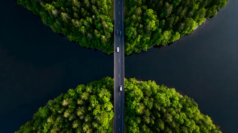 鳥瞰風景公路穿越森林湖泊-圖片