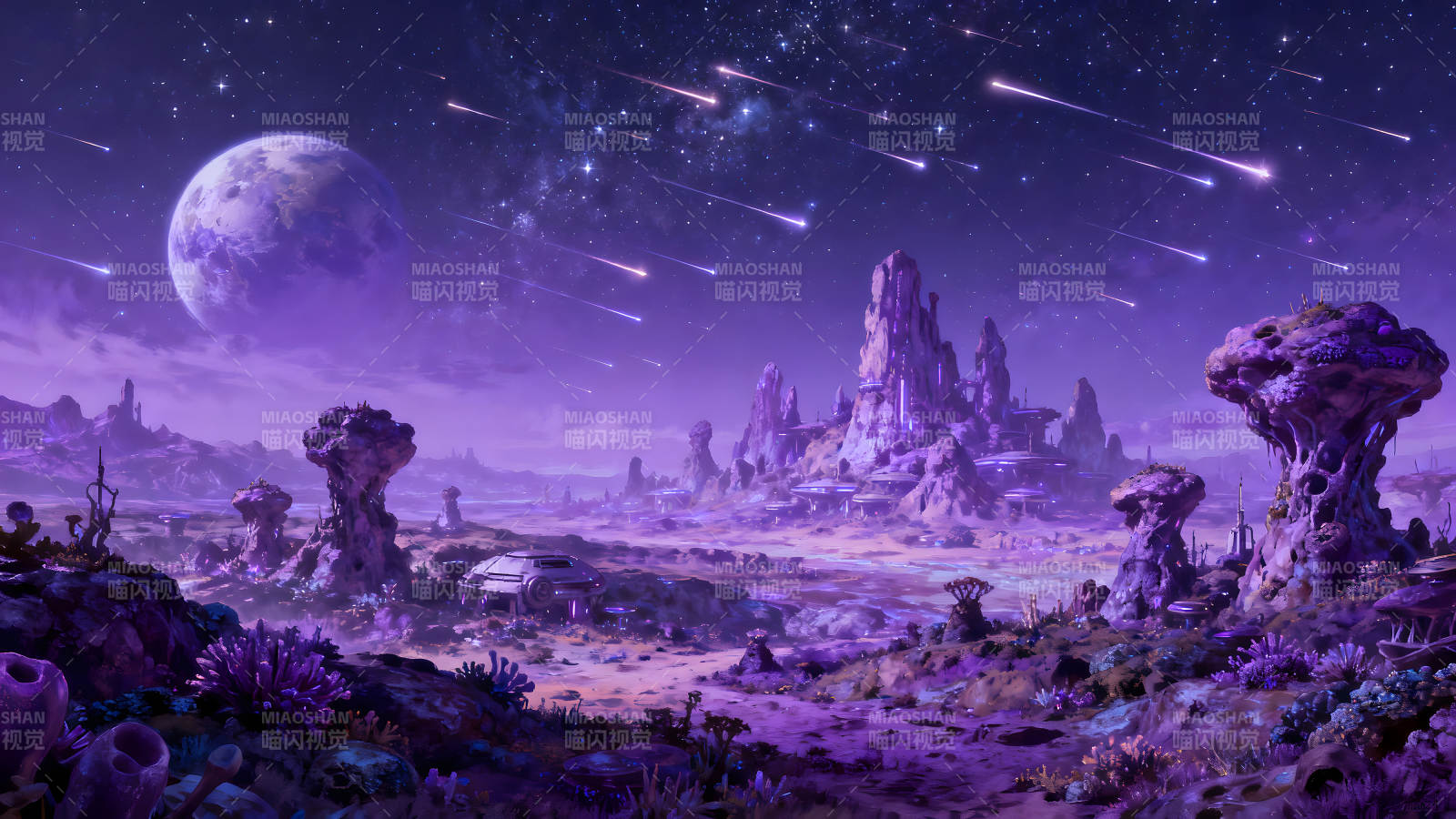 星空下的異星風景夢幻般的紫光籠罩-圖片