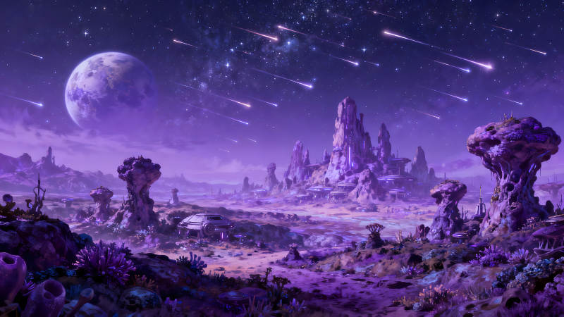 星空下的異星風景夢幻般的紫光籠罩-圖片