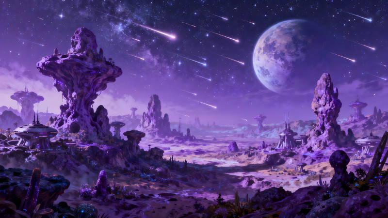 紫色星球奇幻風景流星劃過天際-圖片