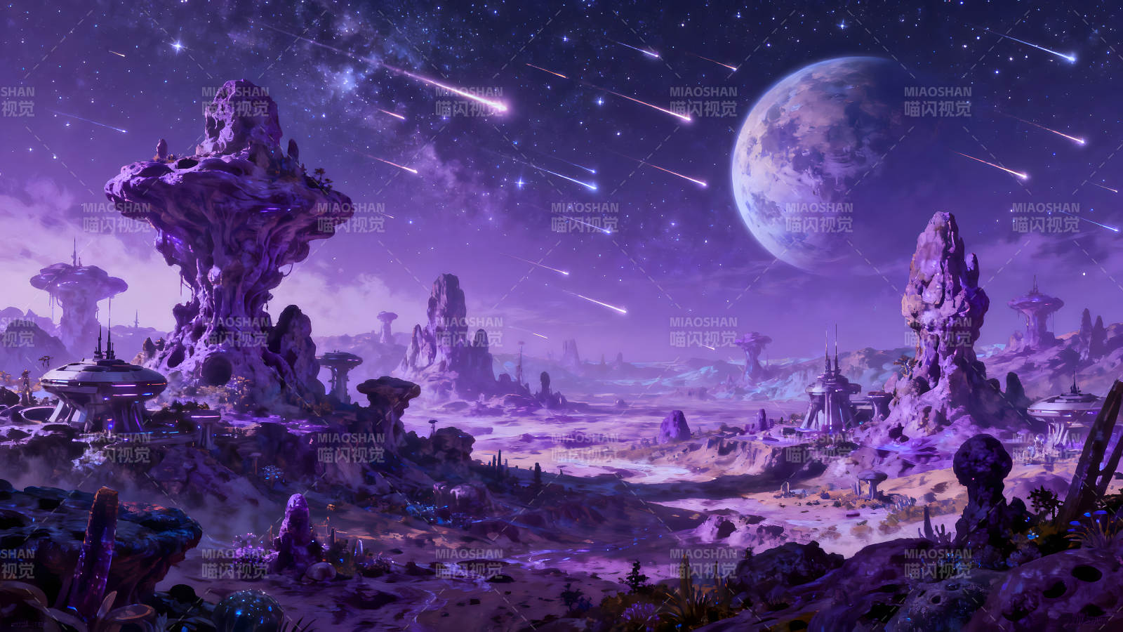 紫色星球奇幻風(fēng)景流星劃過天際-圖片