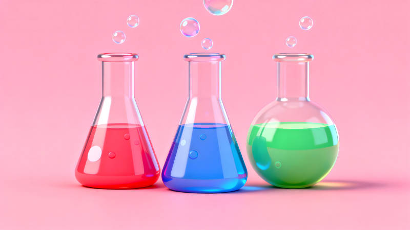 三个烧瓶装有不同颜色的液体-图片