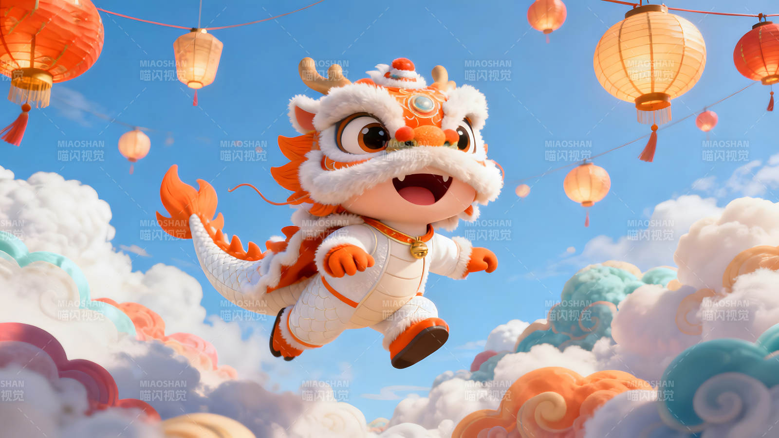 歡快的卡通小龍飛翔在節日天空-圖片