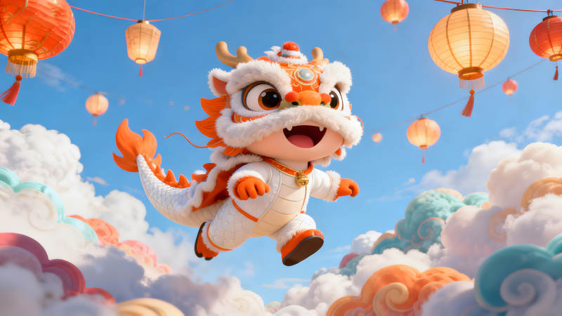 歡快的卡通小龍飛翔在節日天空-圖片