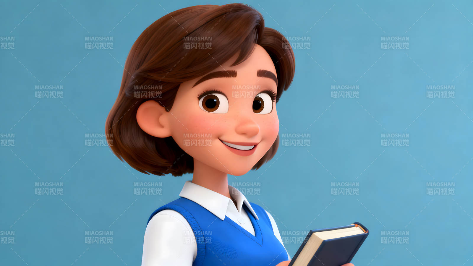 卡通人物手持書籍面帶微笑藍背景-圖片