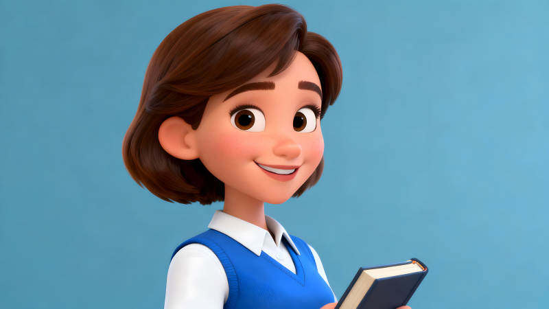 卡通人物手持書籍面帶微笑藍背景-圖片