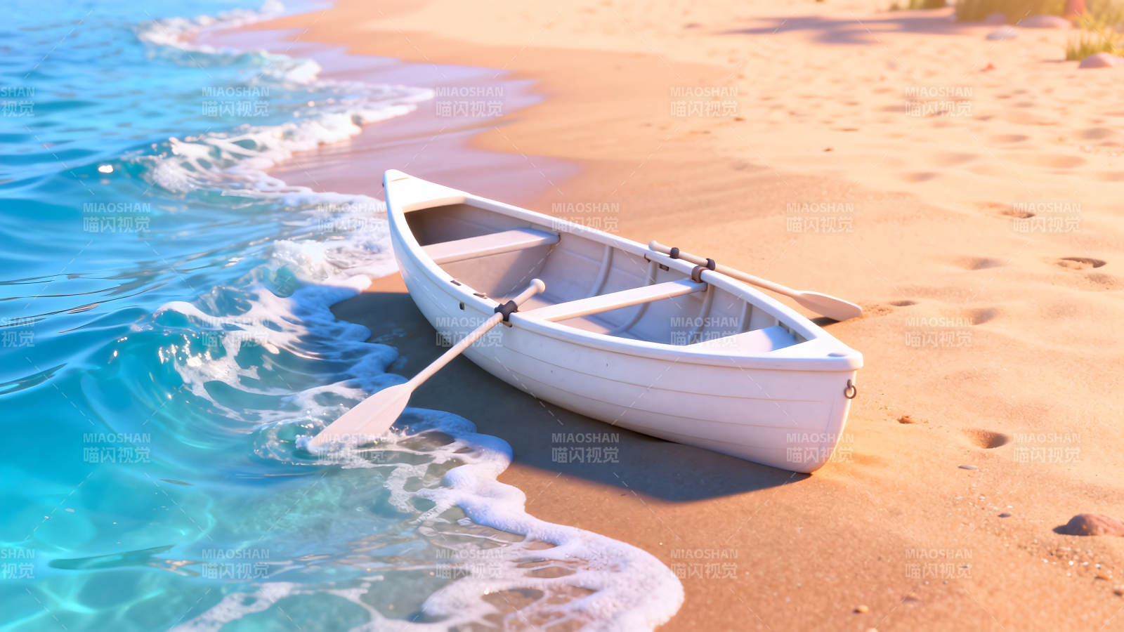 海灘上的白色小船-圖片