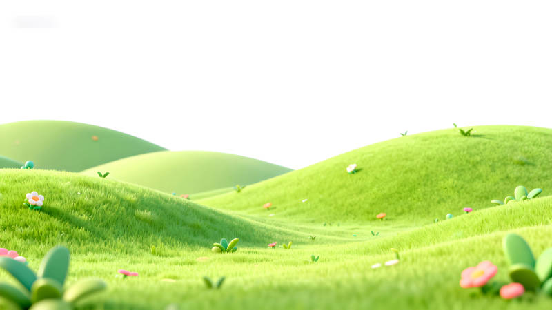卡通風格的綠色山丘與鮮花-圖片