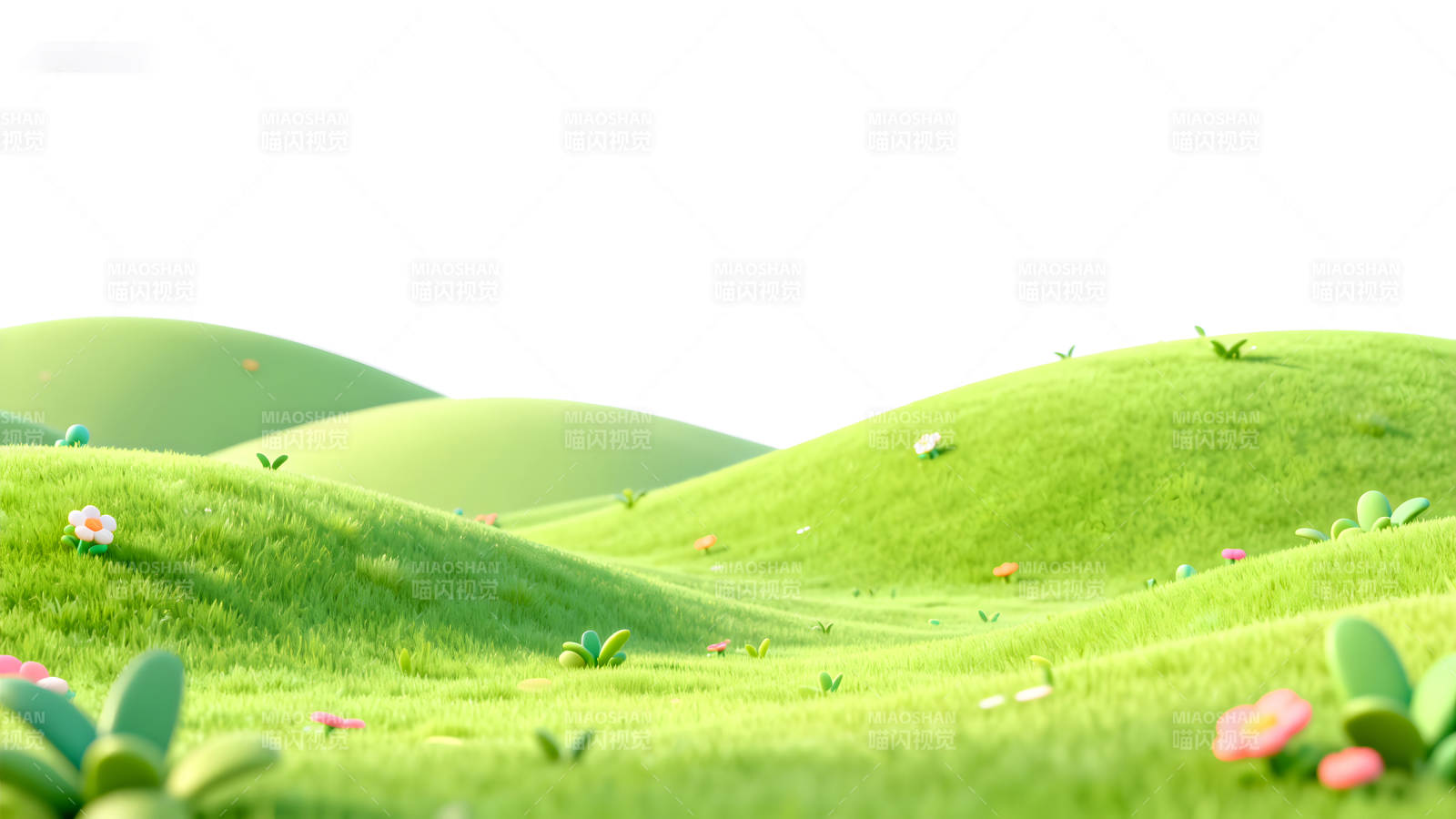 卡通風格的綠色山丘與鮮花-圖片