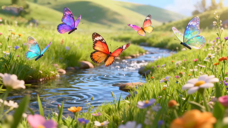 溪流蝴蝶飞舞美丽景色-图片