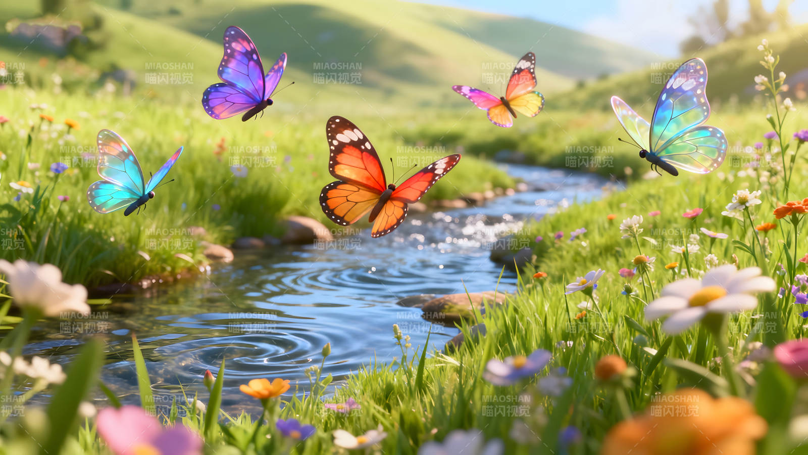 溪流蝴蝶飞舞美丽景色-图片