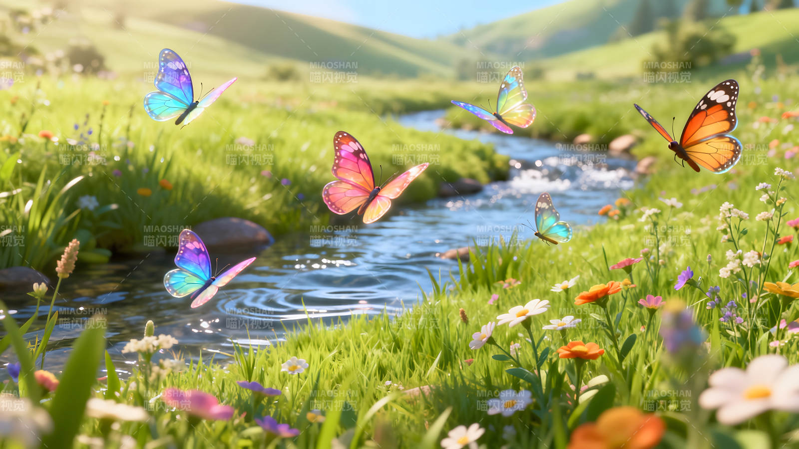 蝴蝶飞舞溪流间繁花似锦映春光图片