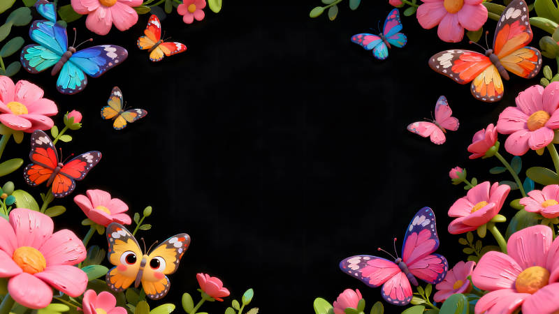 蝴蝶和花朵圍繞的黑色背景-圖片