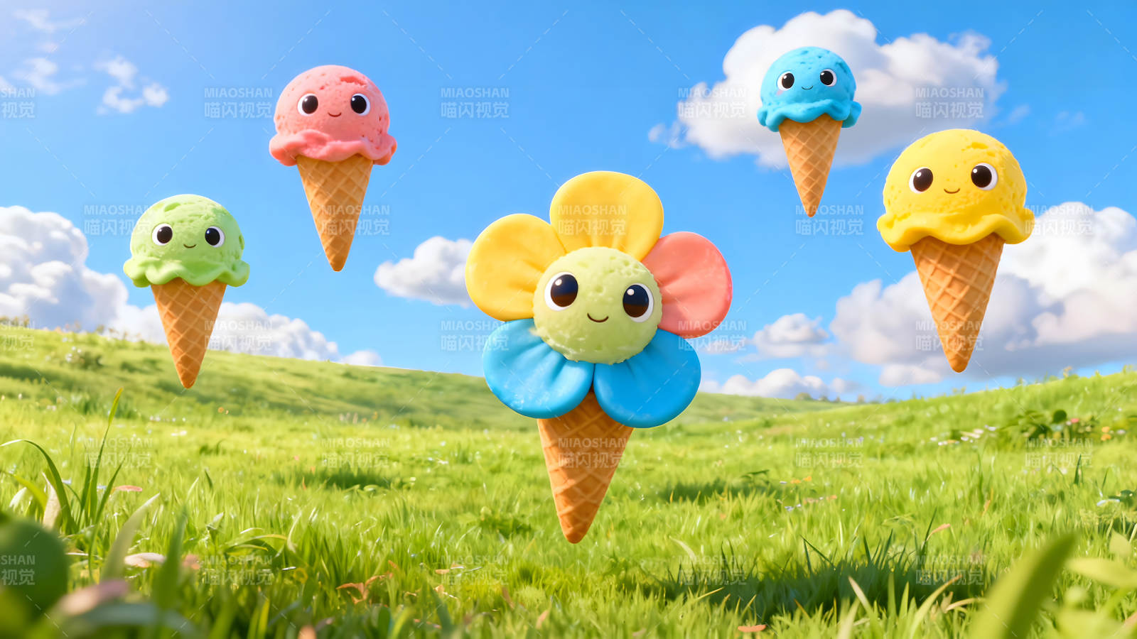 冰淇淋花朵飘浮在草地图片
