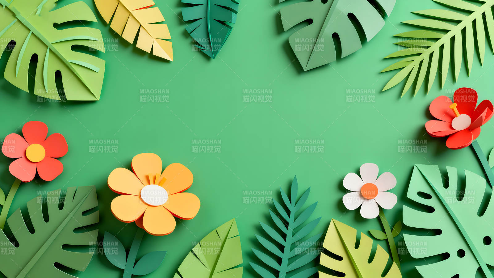 綠色背景下的紙藝熱帶風(fēng)光-圖片