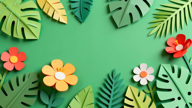 綠色背景下的紙藝熱帶風光-圖片