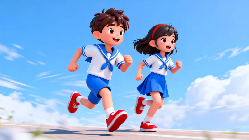卡通学生奔跑在阳光下-图片