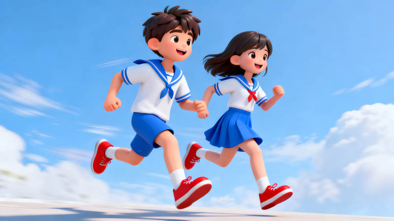 卡通學生奔跑于藍天之下-圖片