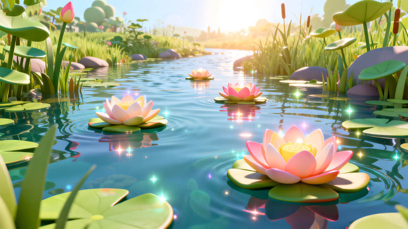 清澈池塘中的蓮花盛開-圖片