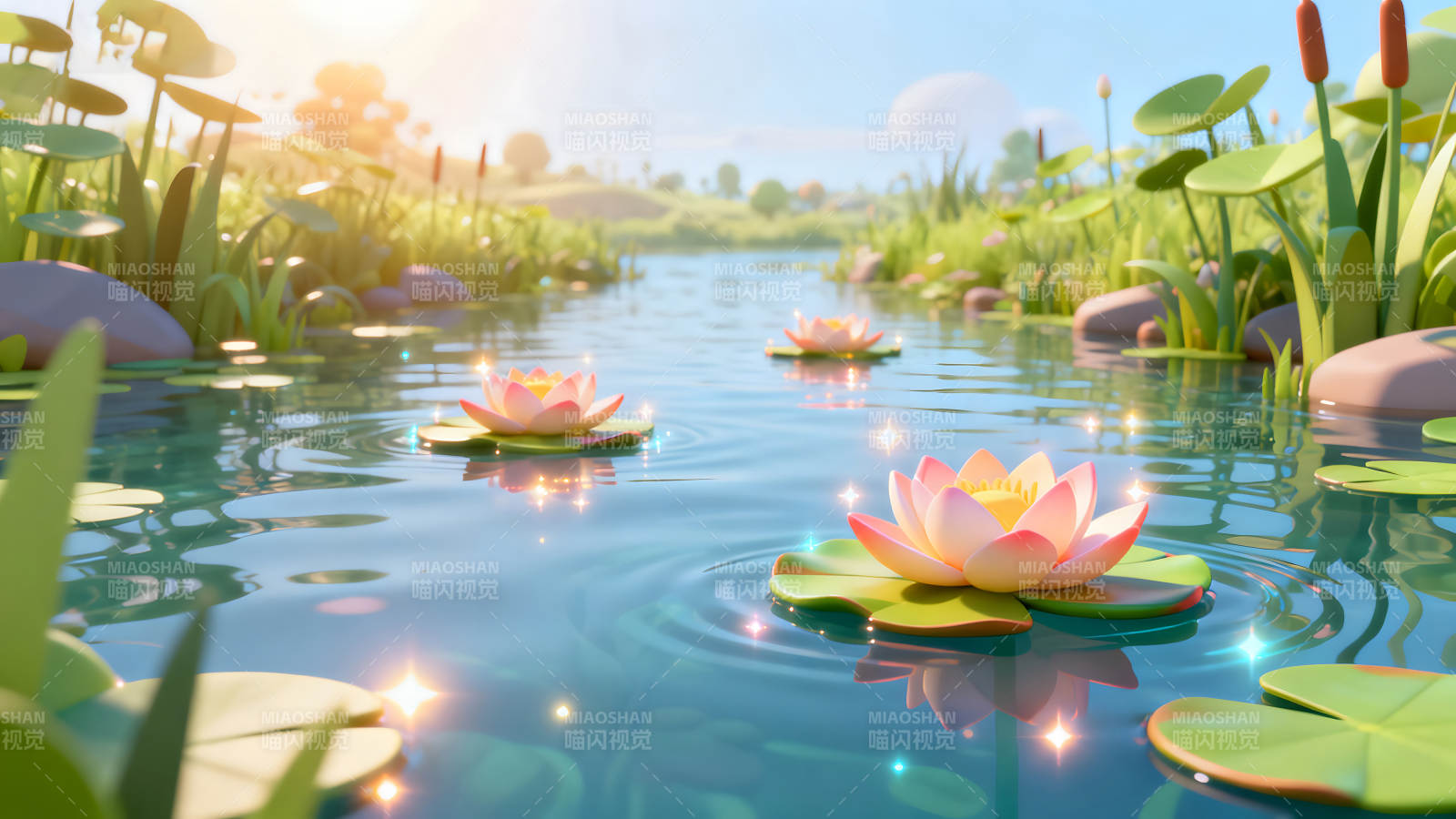 唯美池塘蓮花盛開光線柔和-圖片