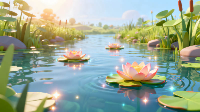 唯美池塘蓮花盛開光線柔和-圖片