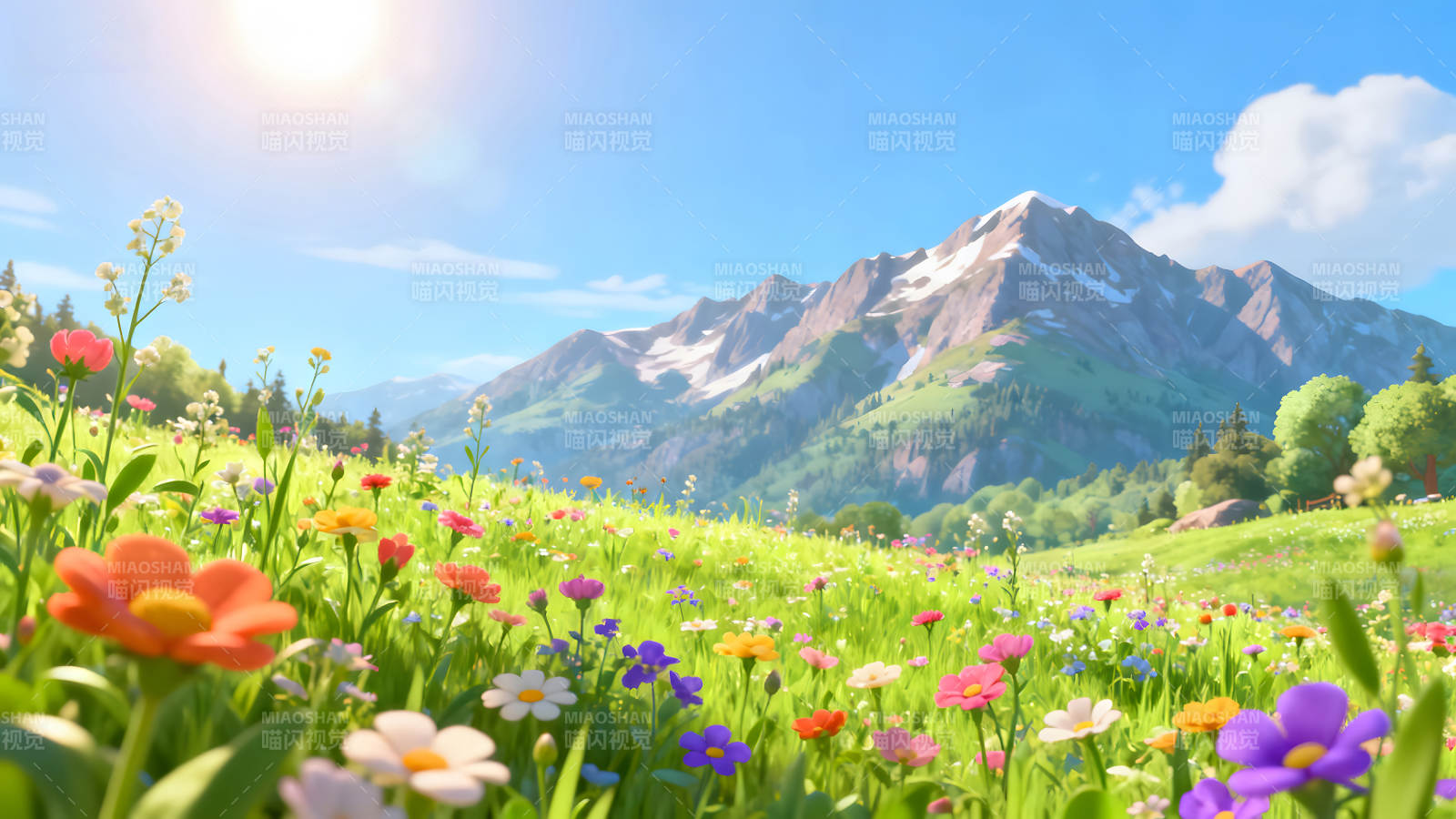 陽光明媚的山野花海風景-圖片