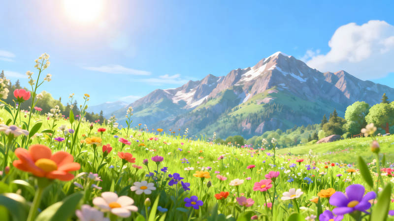 陽光明媚的山野花海風景-圖片