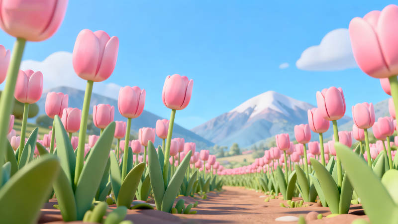 粉色郁金香田野山脈藍天下的童話場景-圖片