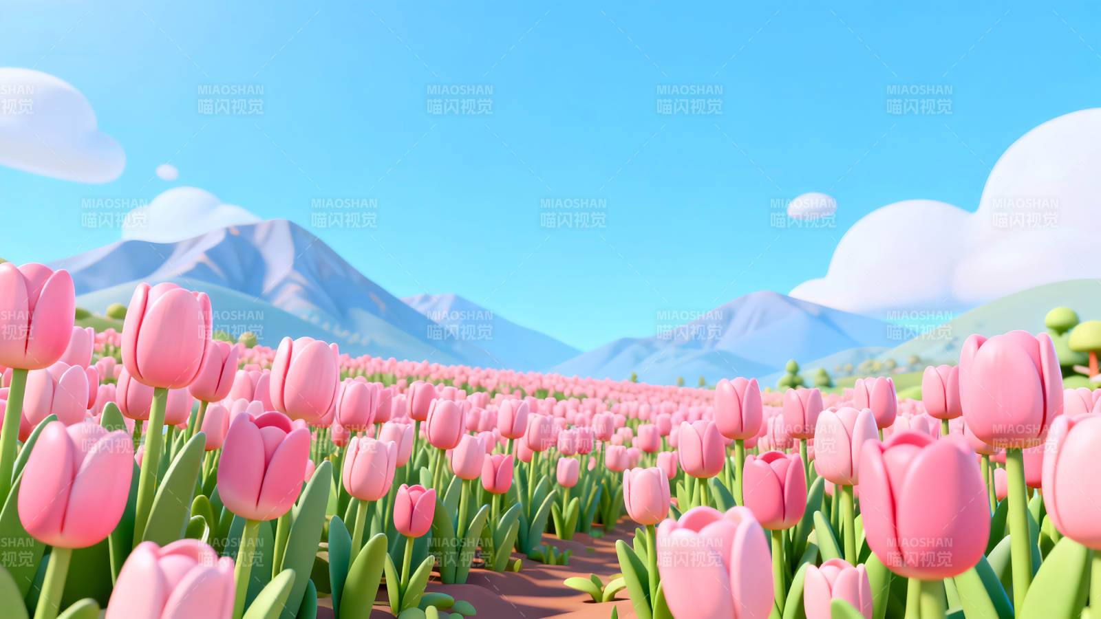 粉色郁金香田野遠山藍天-圖片