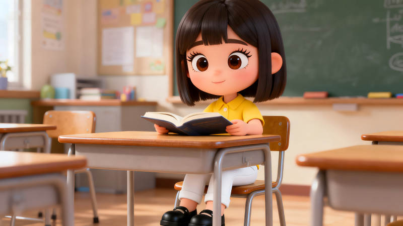 卡通女孩在教室里讀書-圖片