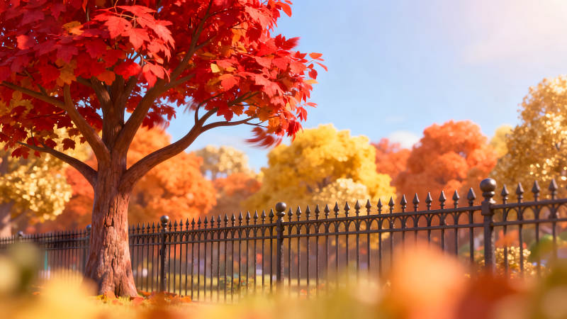 秋日紅葉樹木與柵欄美景-圖片